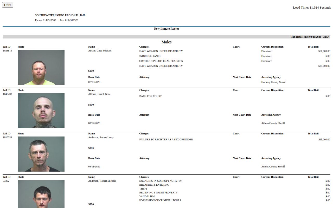 Morgan County booking roster interface for Southeastern Ohio Regional Jail records